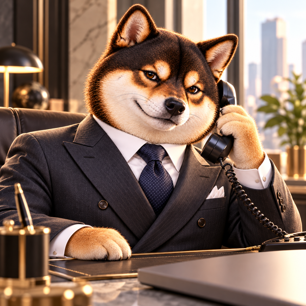 Close-up leaning toward a plain phone handset with one eyebrow raised and a mischievously knowing expression; elegant dark office, no words or signs.