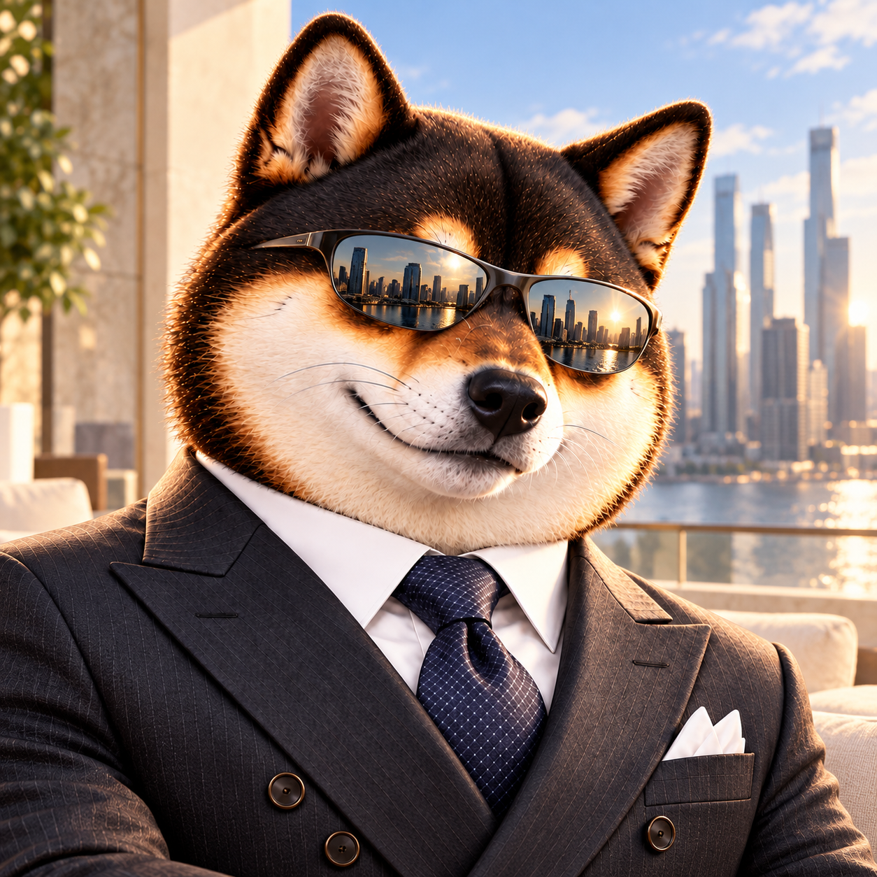 Wearing simple unbranded reflective wraparound sunglasses, face three-quarter view, skyline reflected in lenses; no HUD, text or glyphs.