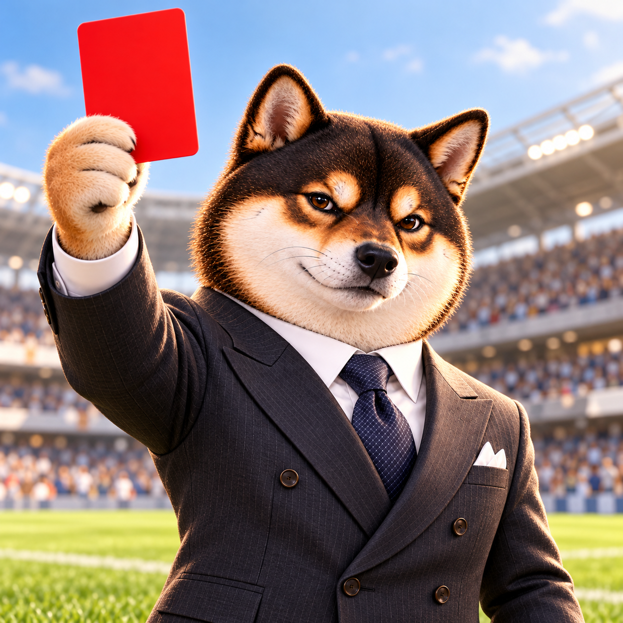 Standing on a sports pitch holding one completely blank red rectangle aloft, comically firm referee-like expression, suit jacket over white shirt; no logos, text or team insignia.