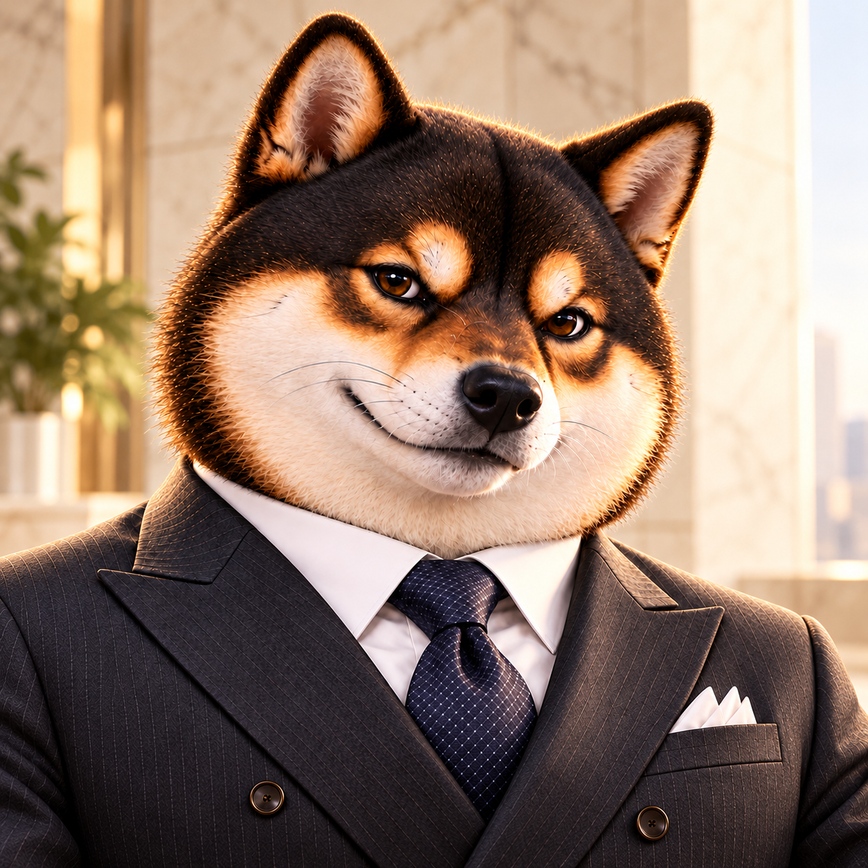 Very close portrait with a tiny satisfied smirk and half-lidded amber eyes, clean light stone background, expressive face and visible suit collar.