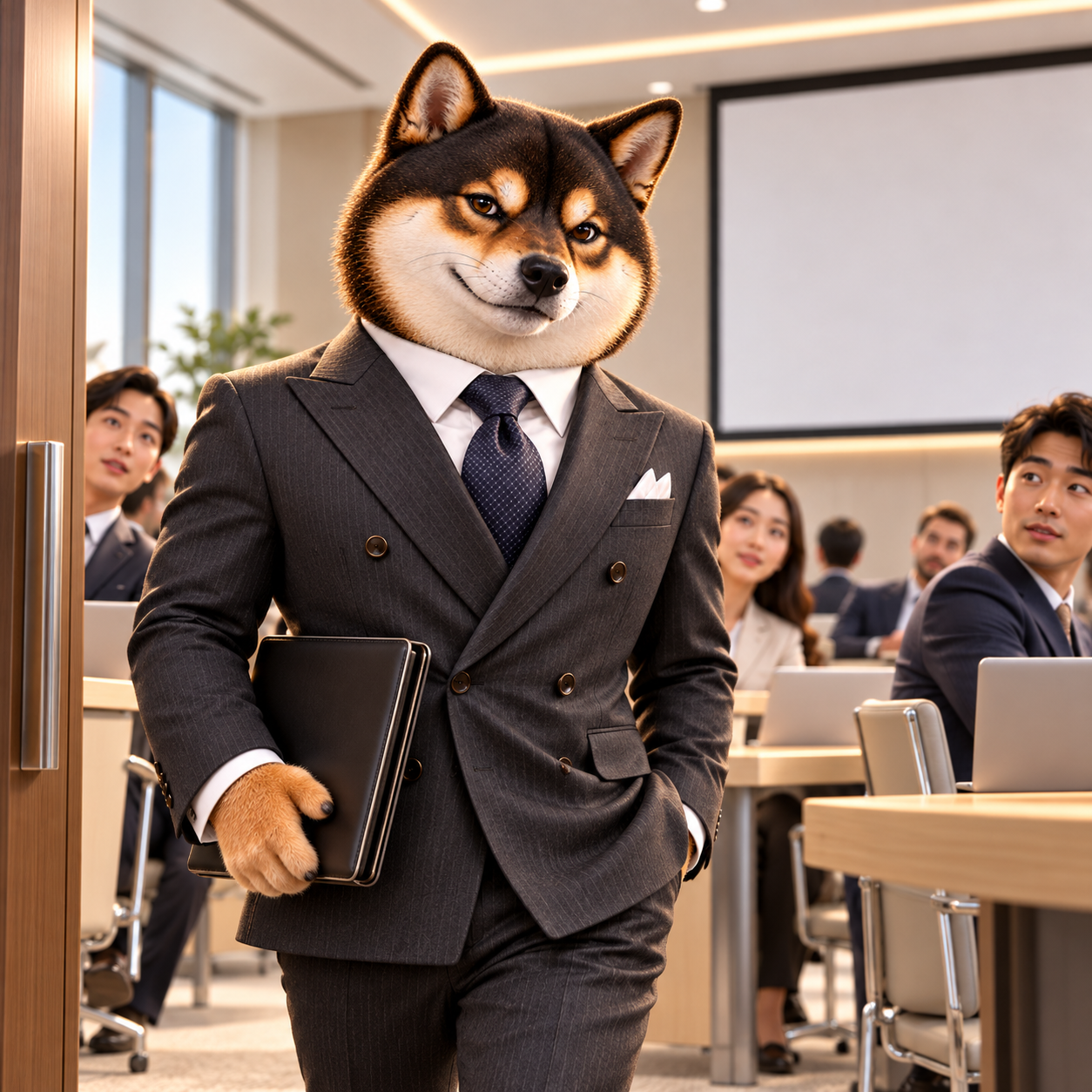 Entering a modern seminar room where anonymous attendees turn to look with curiosity; the Shiba strides in confidently with a plain closed portfolio; boards and screens entirely blank.