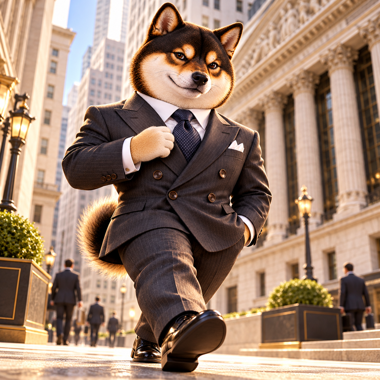 Low-angle view of one confident stride across a financial district pavement, one paw adjusting the jacket, slightly exaggerated determined posture and playful swagger.