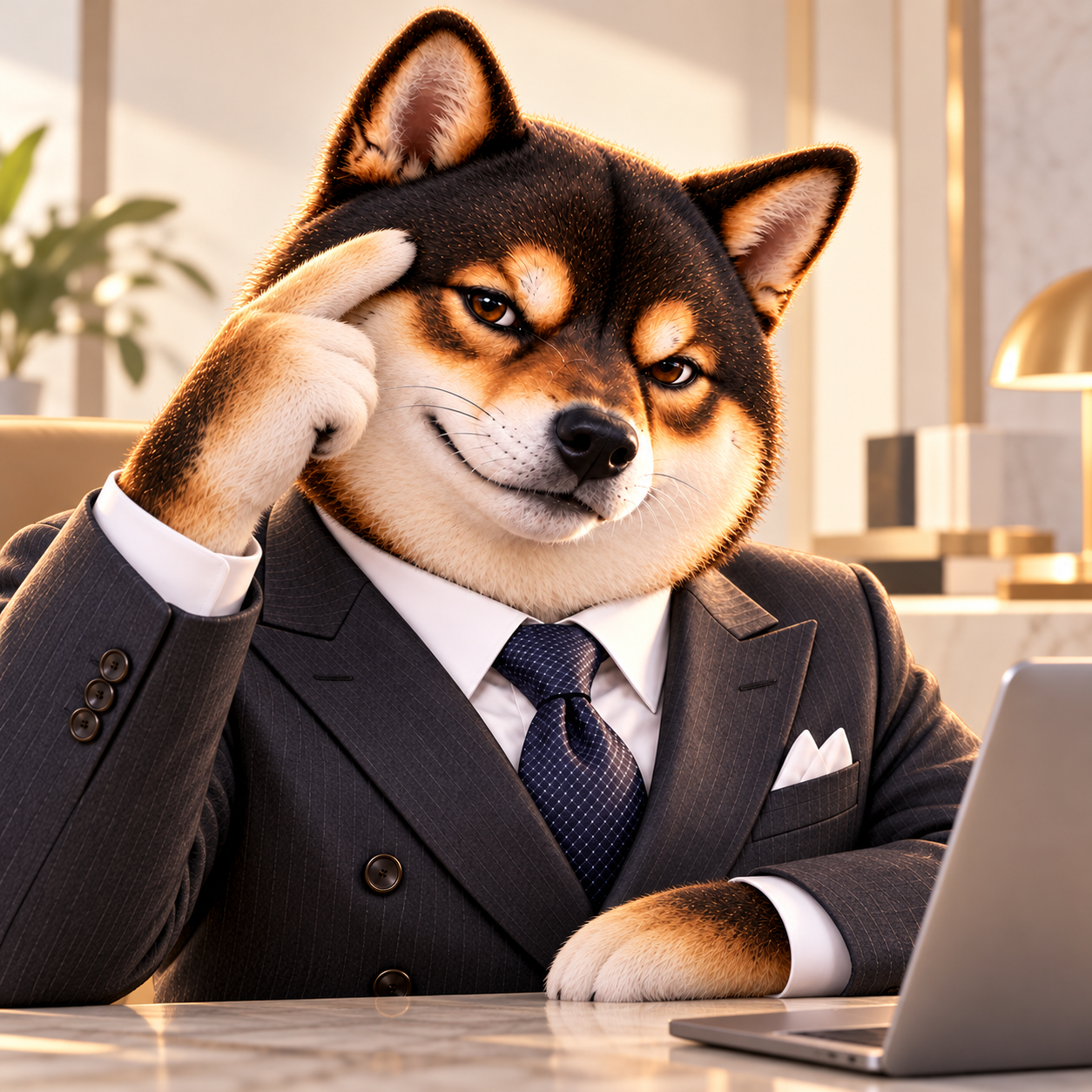Pointing one paw gently toward his temple, raised eyebrow, a patient 'think about it' expression, close-up against a clean ivory office backdrop.