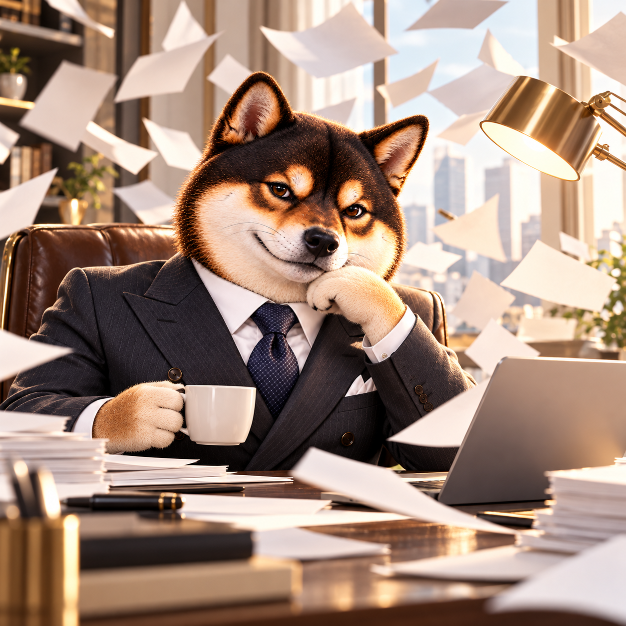 Sitting serenely at a tidy desk while blank papers whirl around the room and a plain desk lamp tilts; slightly absurd chaotic atmosphere with the Shiba completely calm, no fire or text.