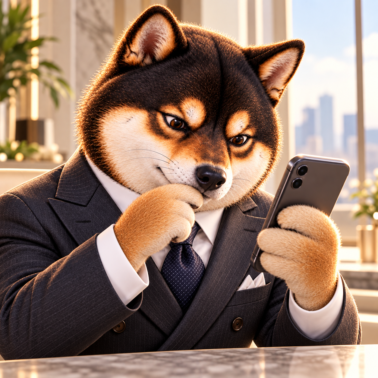 Peering intently at an unbranded smartphone, eyes close to the screen, anxious-curious expression; screen hidden from camera, no visible UI.