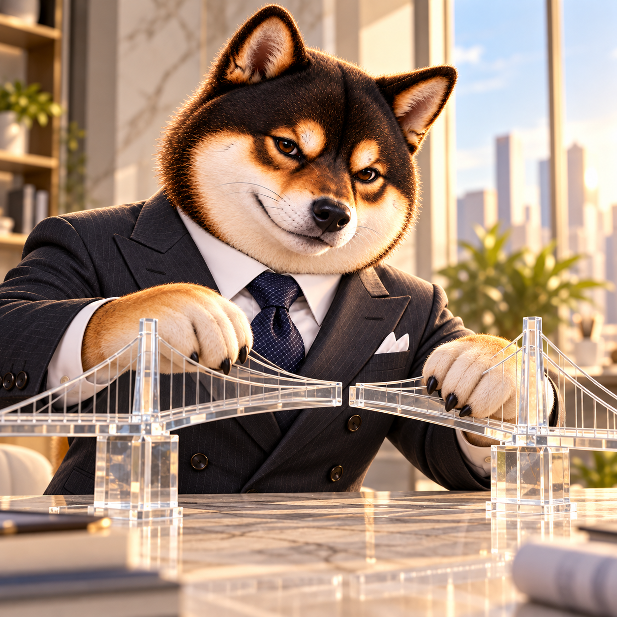 Carefully joining two simple unmarked glass architectural bridge models on a desk, focused proud expression; no chains, crypto icons or token shapes.