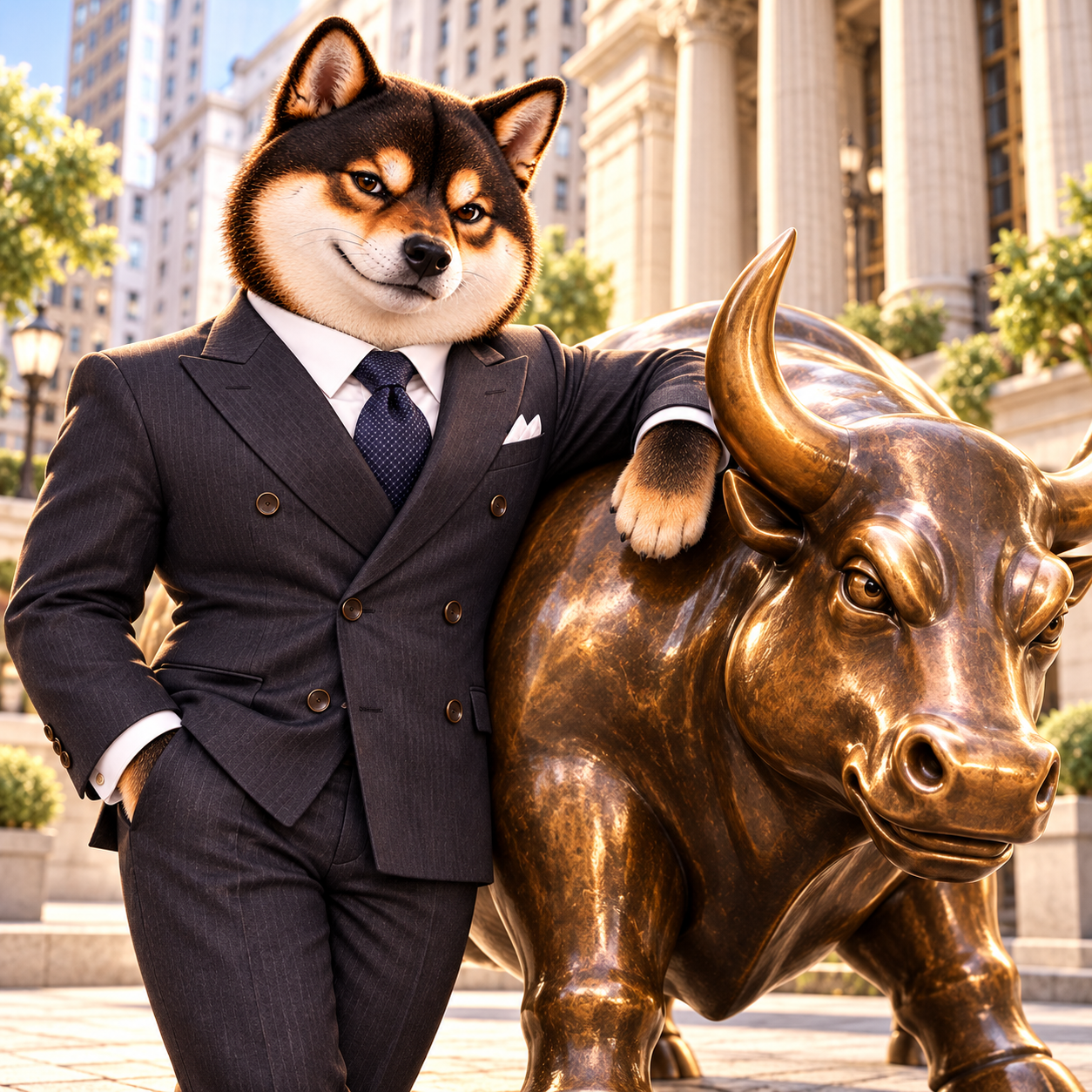 Standing beside a stylized bronze bull sculpture in a bright city plaza, matching its proud upright pose with an amused grin; sculpture plain without plaque or lettering.