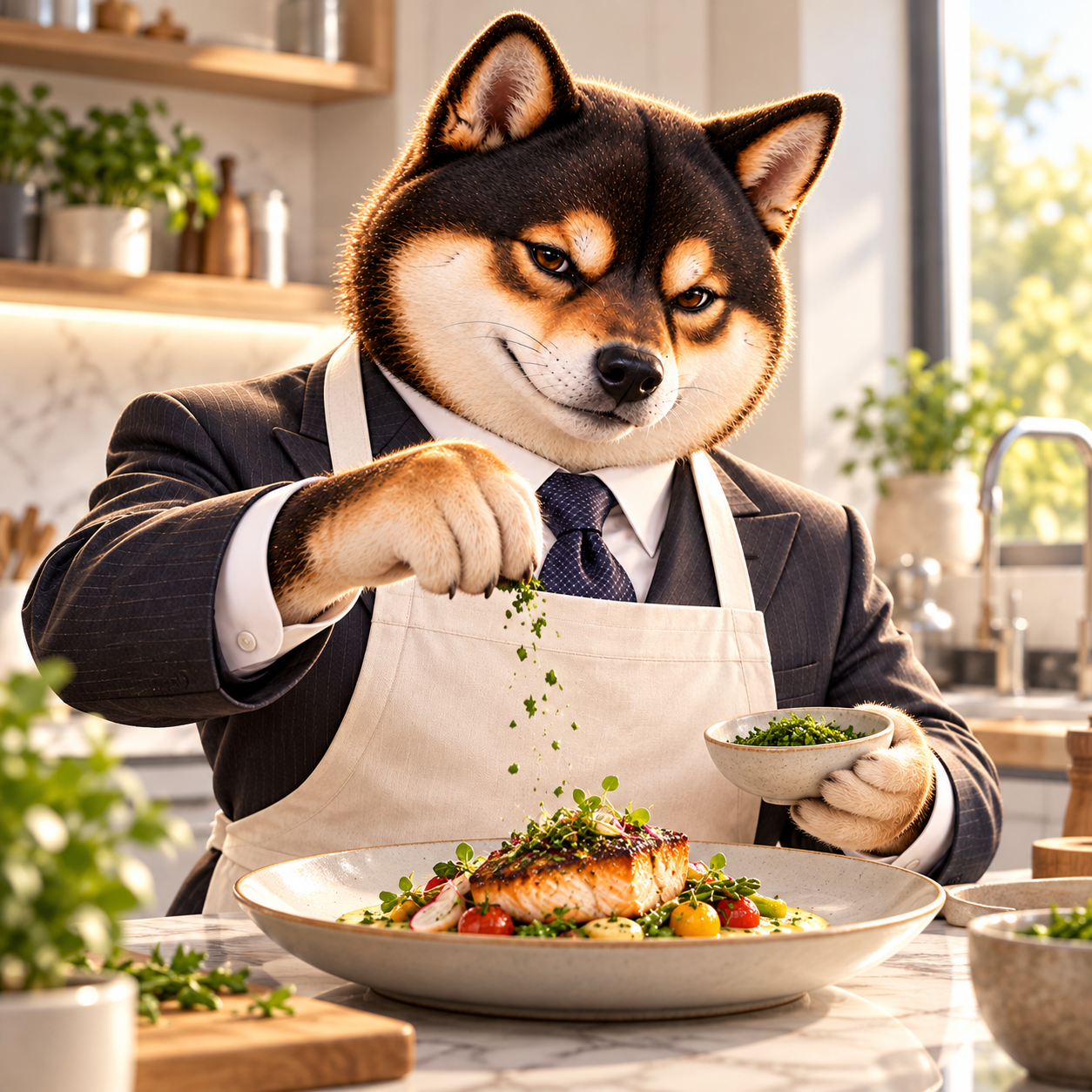 In a modern kitchen with a plain ivory apron over the same shirt and dark tie, adding a small pinch of herbs to a dish with exaggerated concentration; no packaging or labels.