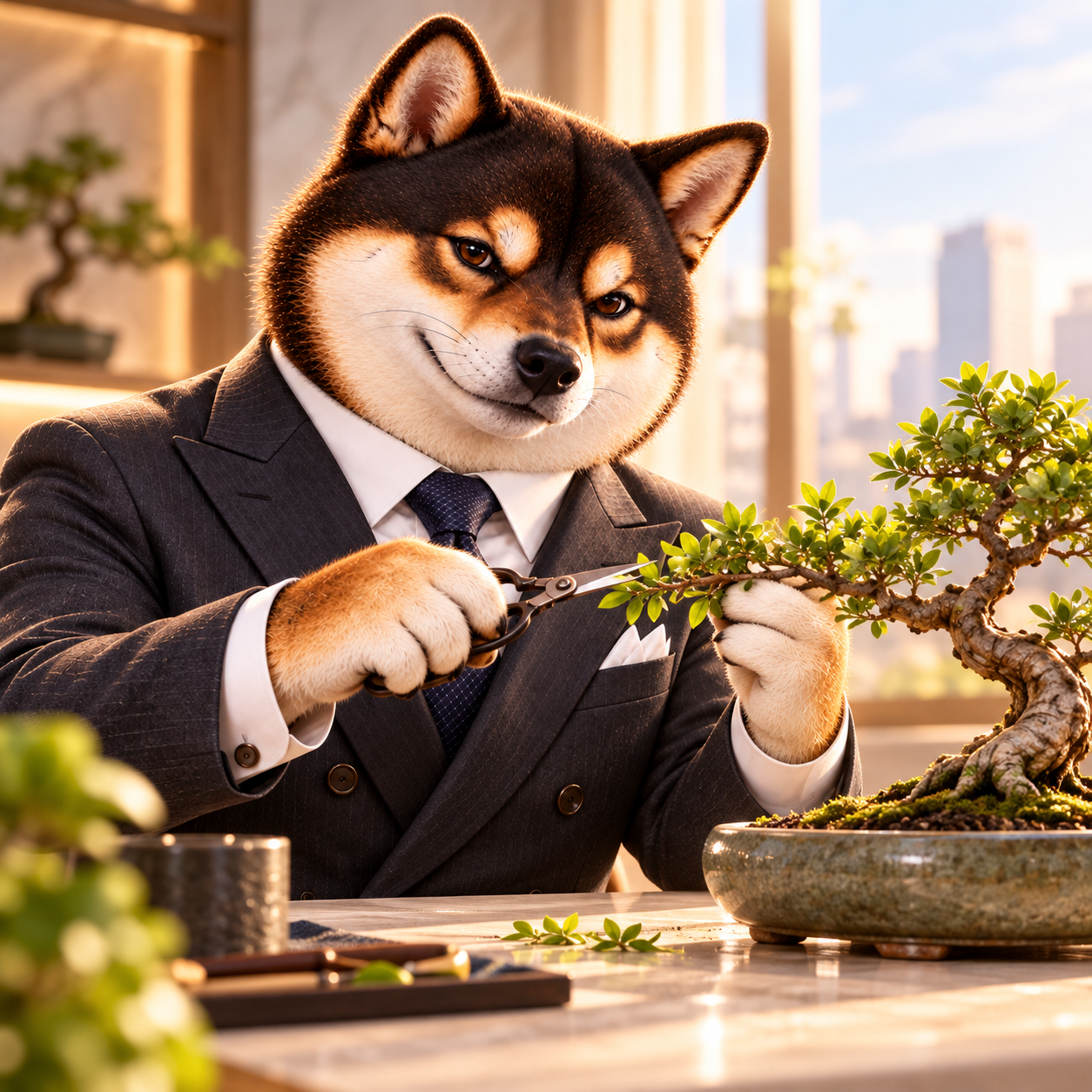 Carefully tending a small bonsai on a light stone desk, delighted by a lush new branch, neat banker suit, warm morning light.