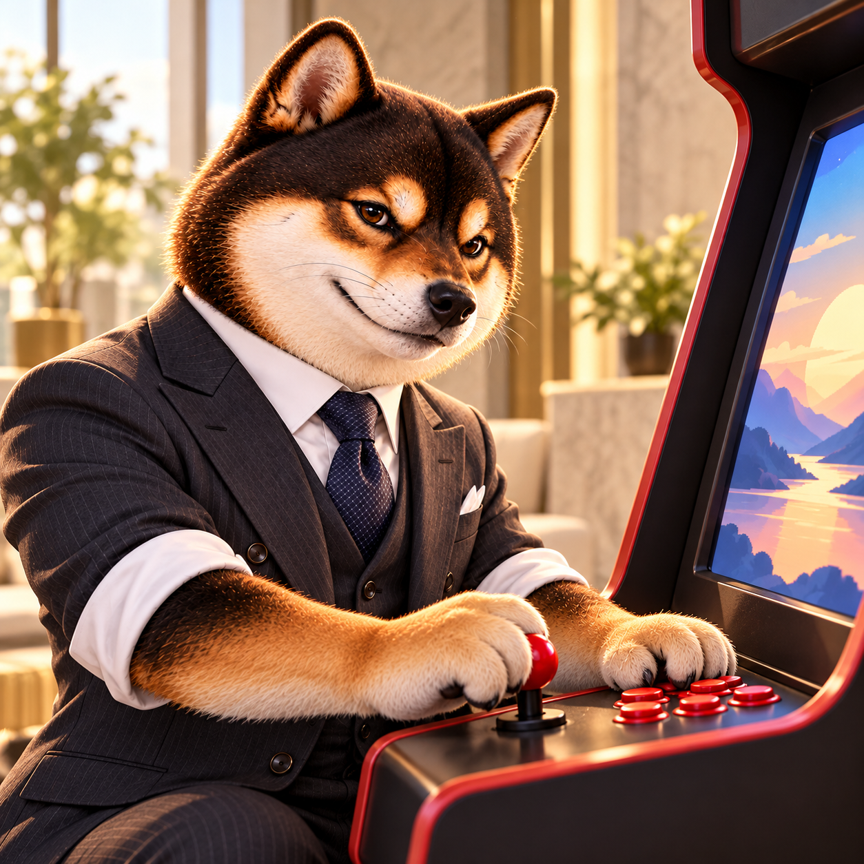Playing an unbranded arcade cabinet with a plain joystick, sleeves rolled above suit waistcoat, focused playful grin; screen is a simple abstract landscape without words, scores or characters.