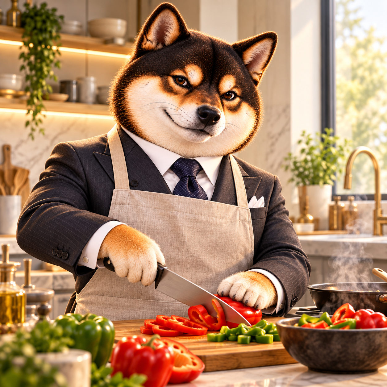 Confidently preparing red and green bell peppers in a refined kitchen, plain apron over dark suit, a little steam rising, proud playful expression; no lettering.