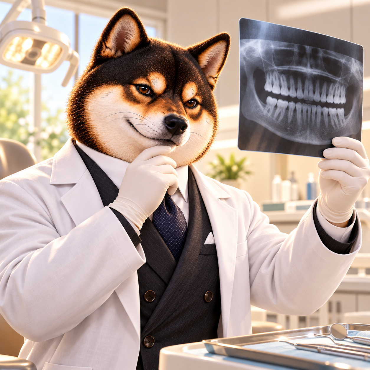 As a gentle dentist wearing a plain white coat over the suit, studying a completely unmarked dental film showing only tooth silhouettes, thoughtful face; no text, numbers or diamond symbols.