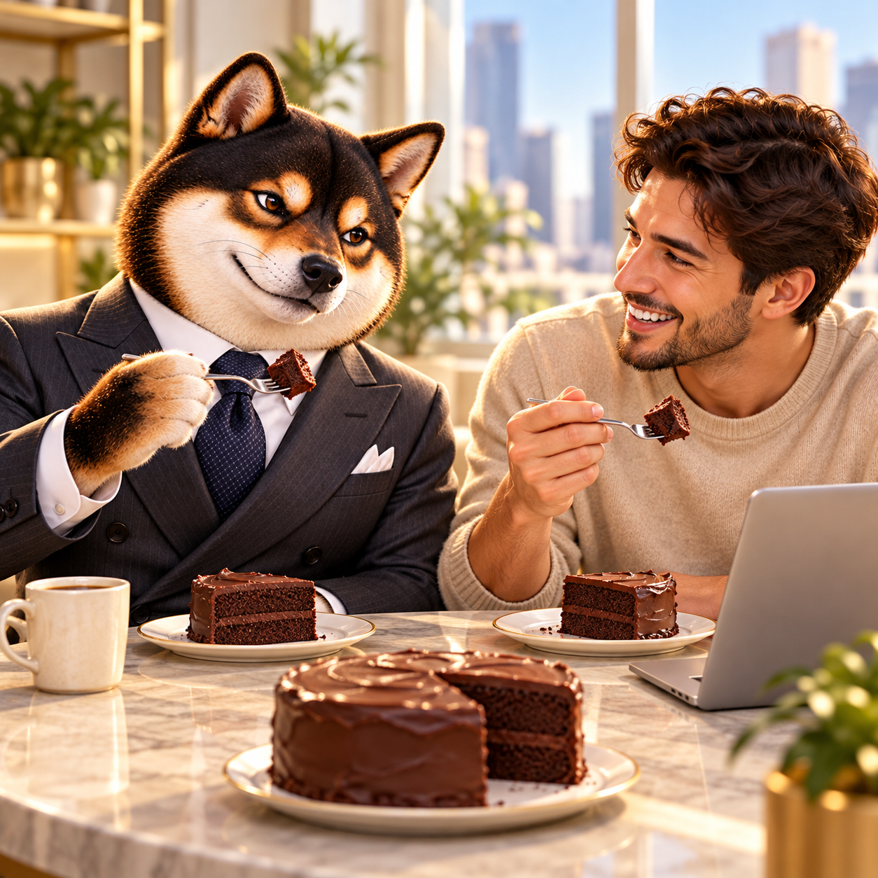 Sharing a slice of plain chocolate cake with one anonymous builder at a sunny office table, friendly grin, no candles, plaques or written decorations.