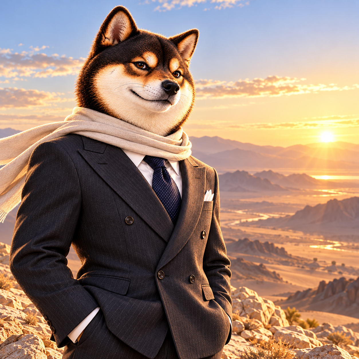 Standing on a quiet desert ridge at sunrise in the same suit with a plain light scarf, looking calmly at the distant horizon; no fantasy franchise elements or weapons.