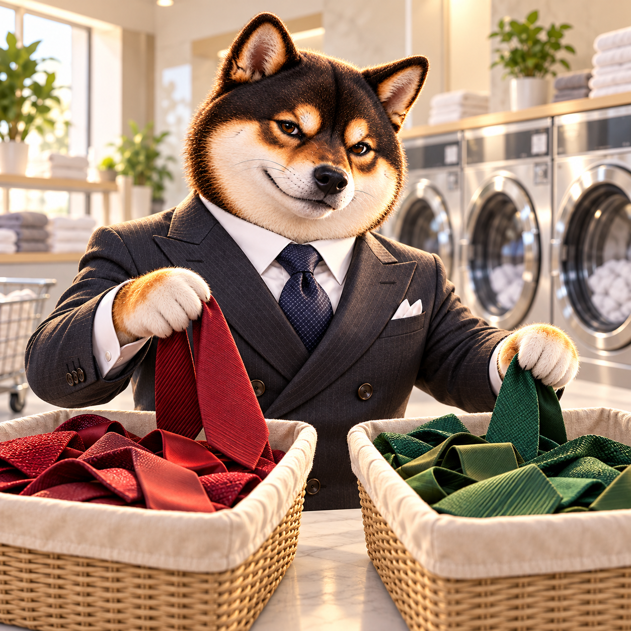 At a clean laundromat, carefully sorting plain red and green neckties into two unmarked baskets, humorous serious expression, no labels or machine text.