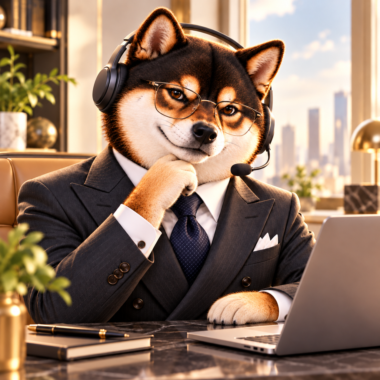 Wearing simple glasses and an unbranded headset at an elegant desk, one paw touching chin, helpful thoughtful expression; no screens with writing.
