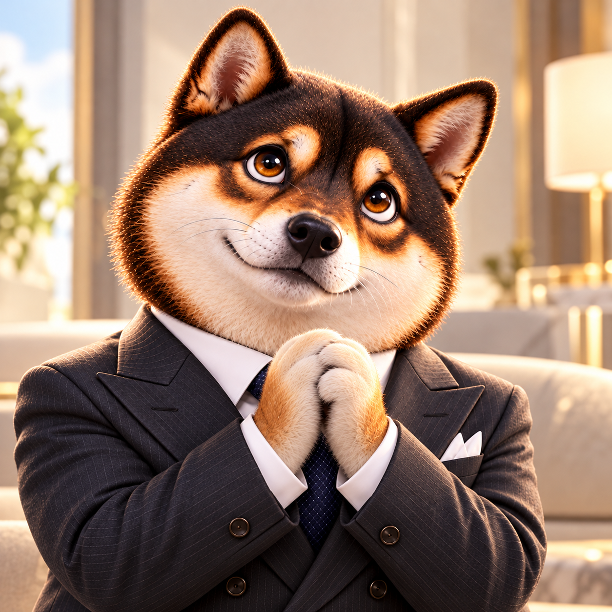 Looking upward with large pleading amber eyes and paws loosely together at chest height, suit and tie neat, sweet humorous expression, clean studio background.