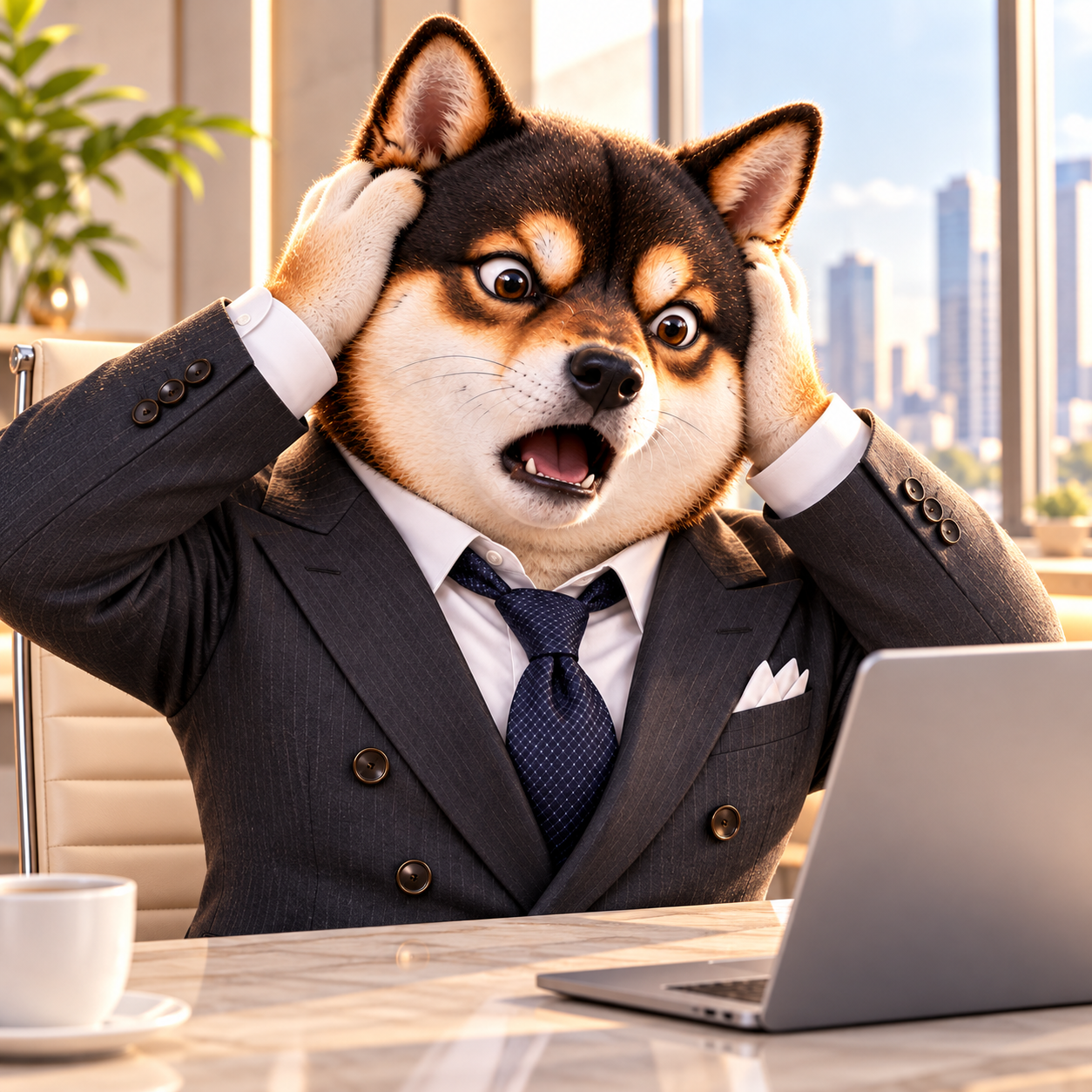 Both paws on the sides of the head, eyes wide in incredulous surprise, tie slightly askew, bright uncluttered office; single sharp static frame.