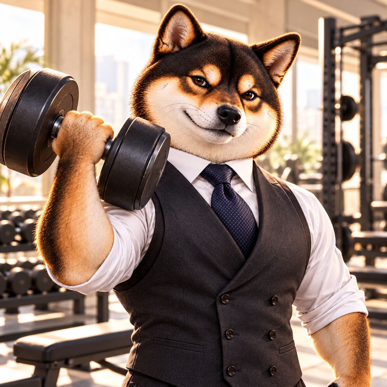 Holding a heavy plain dark dumbbell at shoulder height with a determined grin, sleeves rolled, dark waistcoat and tie, modern gym, no emblems or numbers.
