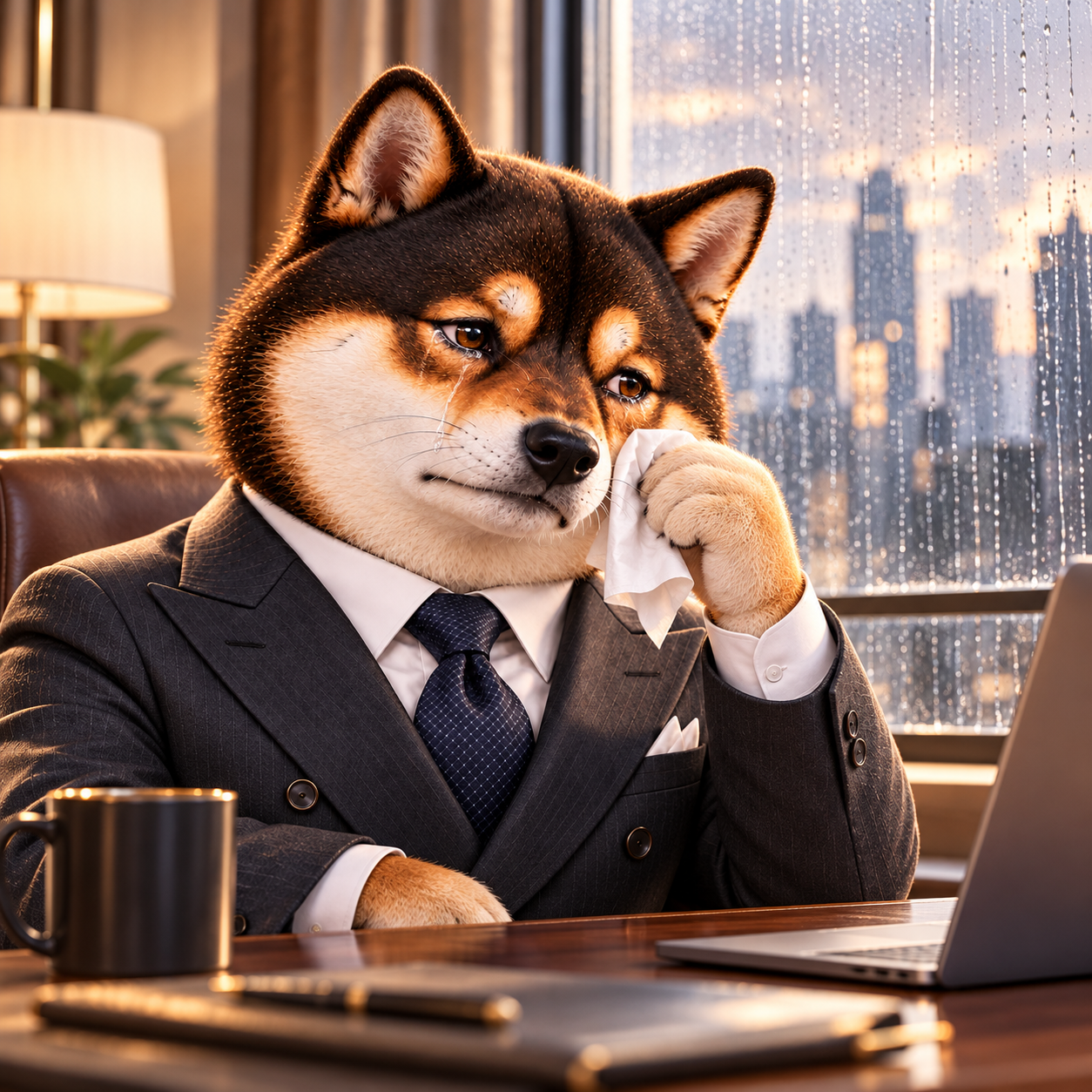 Seated by a rain-streaked office window with one paw holding a plain white tissue, teary amber eyes and a small comic frown, understated pale warm-red accents.