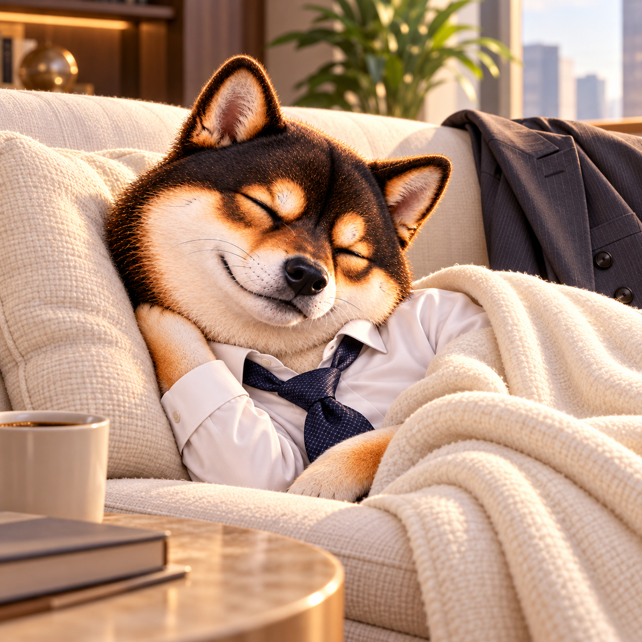 Sleeping peacefully under a plain ivory blanket in an office lounge, dark tie loosened, suit jacket folded nearby, no symbols on fabric; cozy soft light.