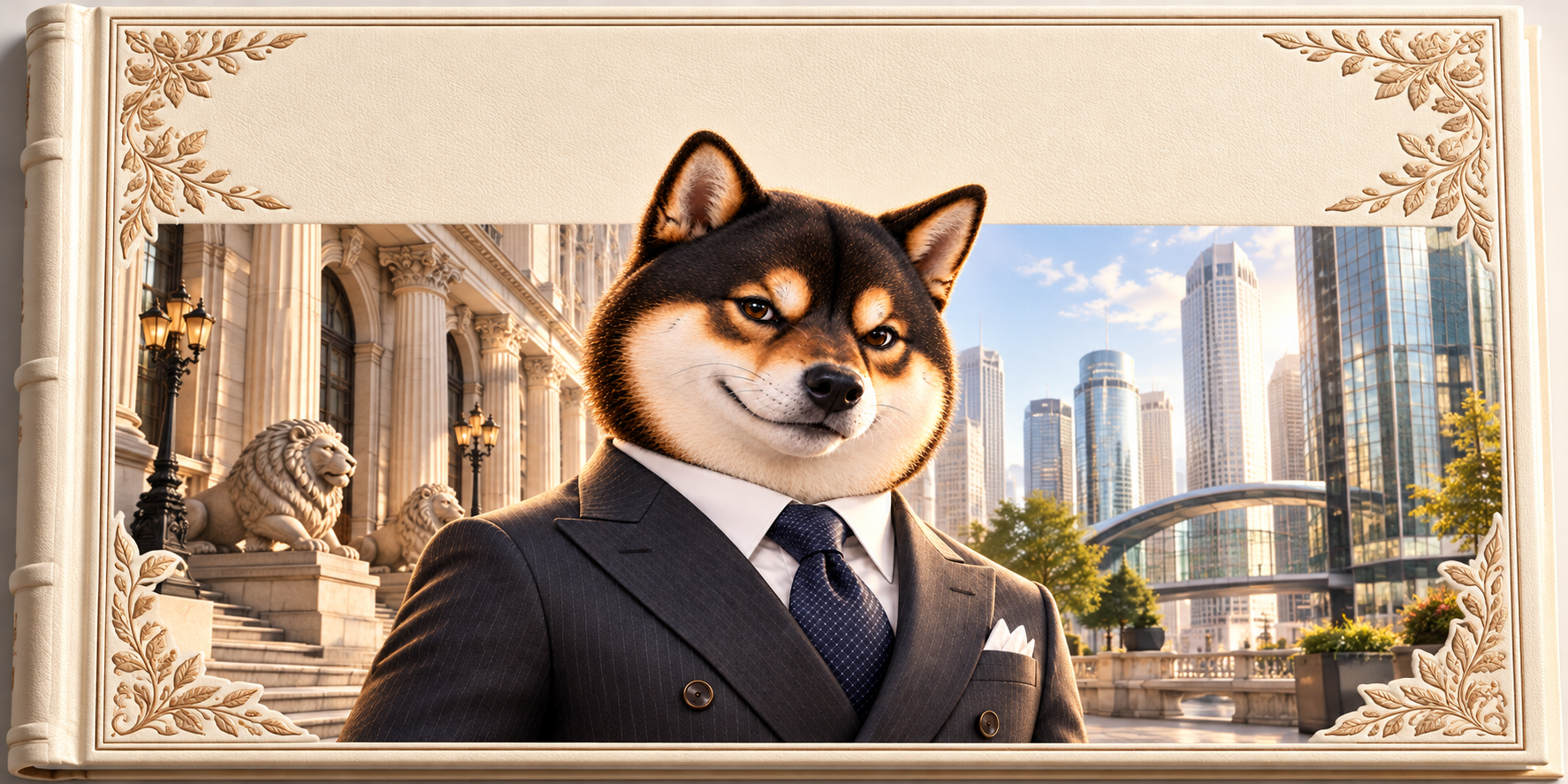 Unlettered ivory storybook cover featuring the Shiba banker between old financial architecture and a modern city.