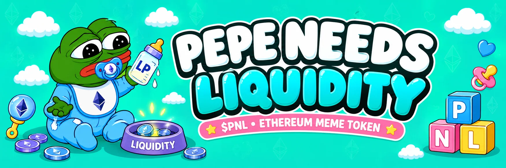 Pepe Needs Liquidity, an Ethereum meme token — turquoise cartoon banner