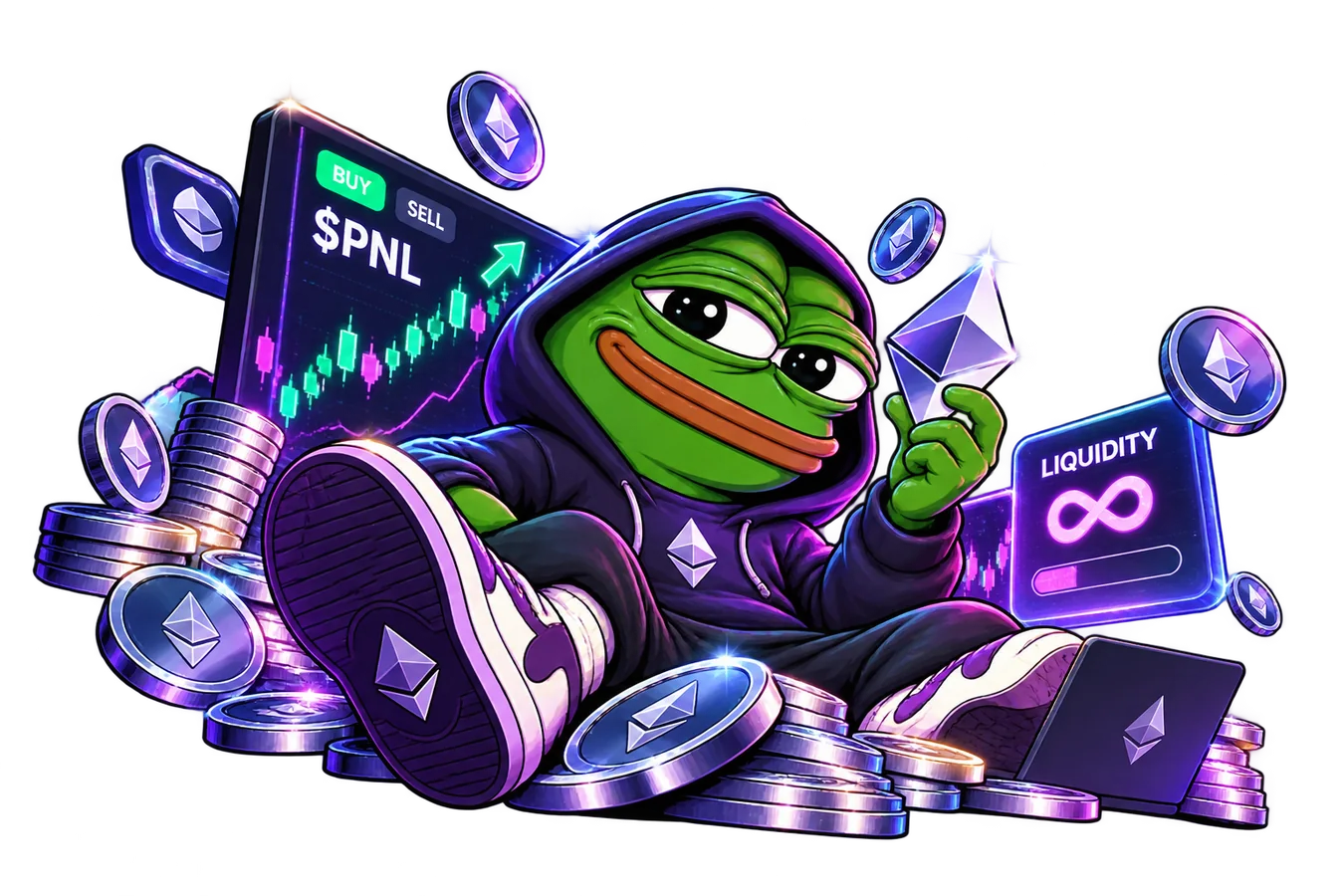 Pepe the Frog holding Ethereum surrounded by liquidity imagery