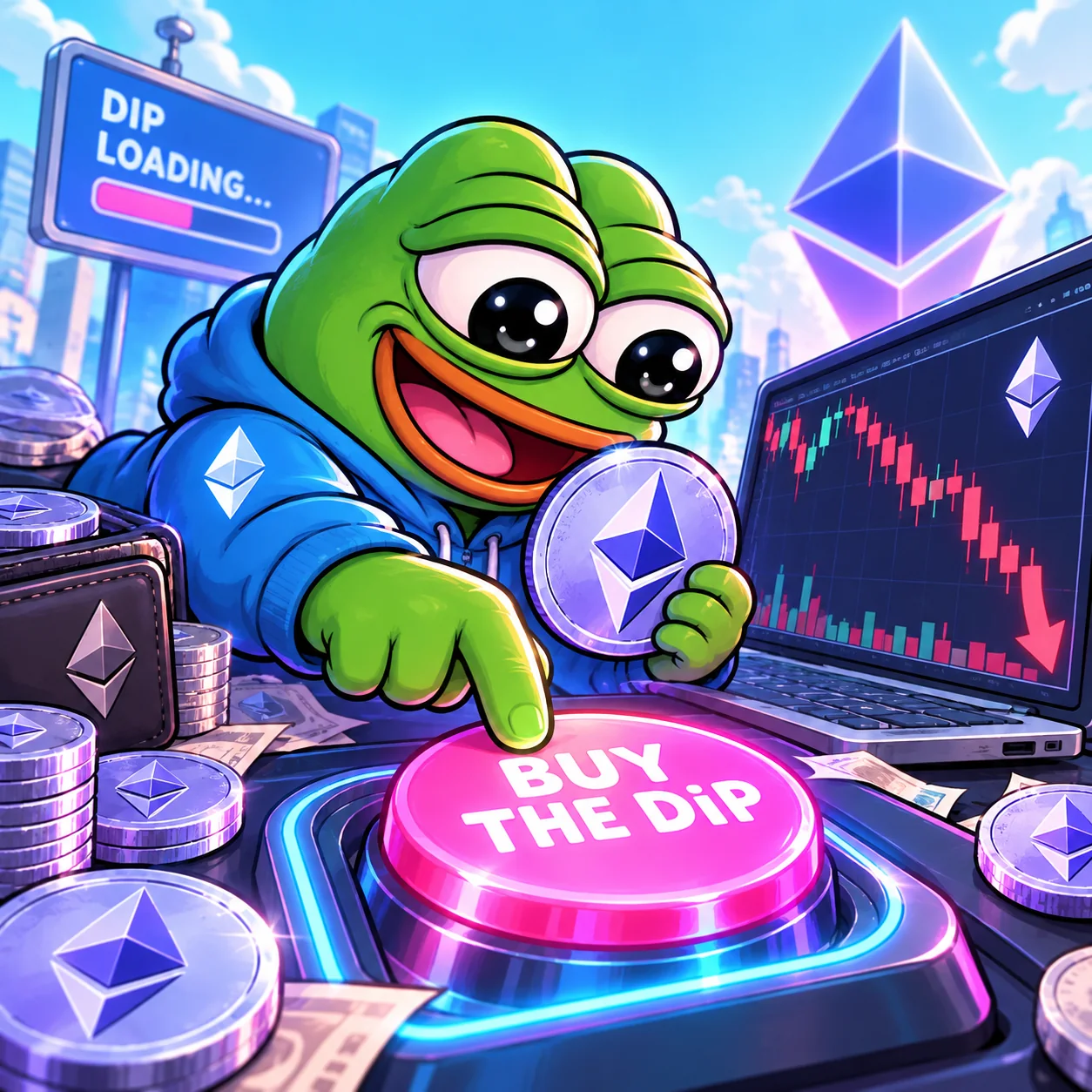 Happy Pepe buying the dip while the ETH chart falls