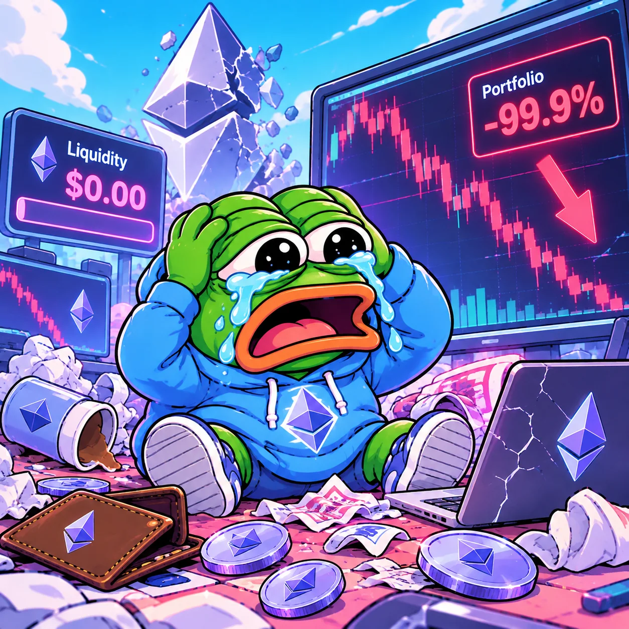 Pepe crying at a devastating trading chart