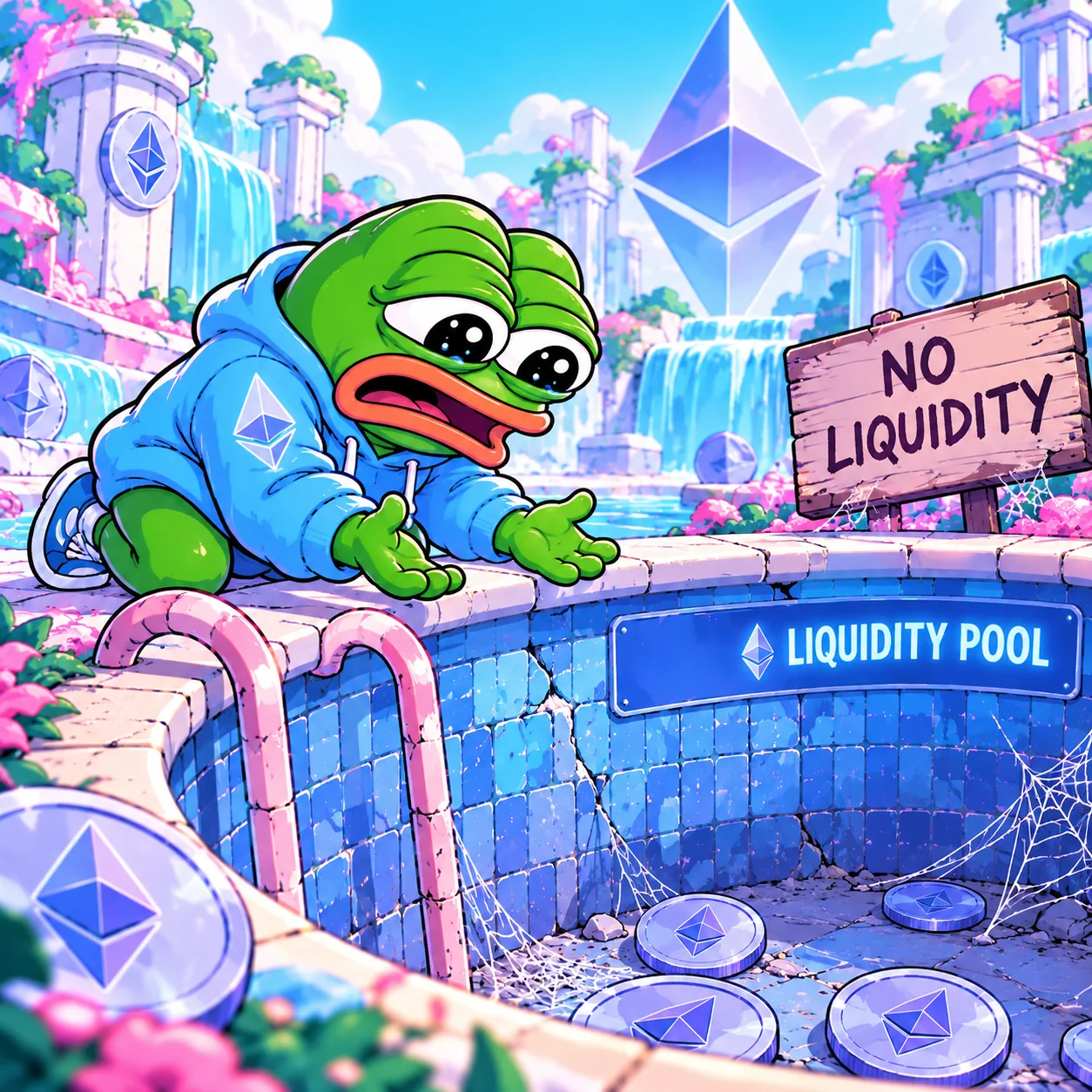 Pepe desperately searching for liquidity in an empty swimming pool