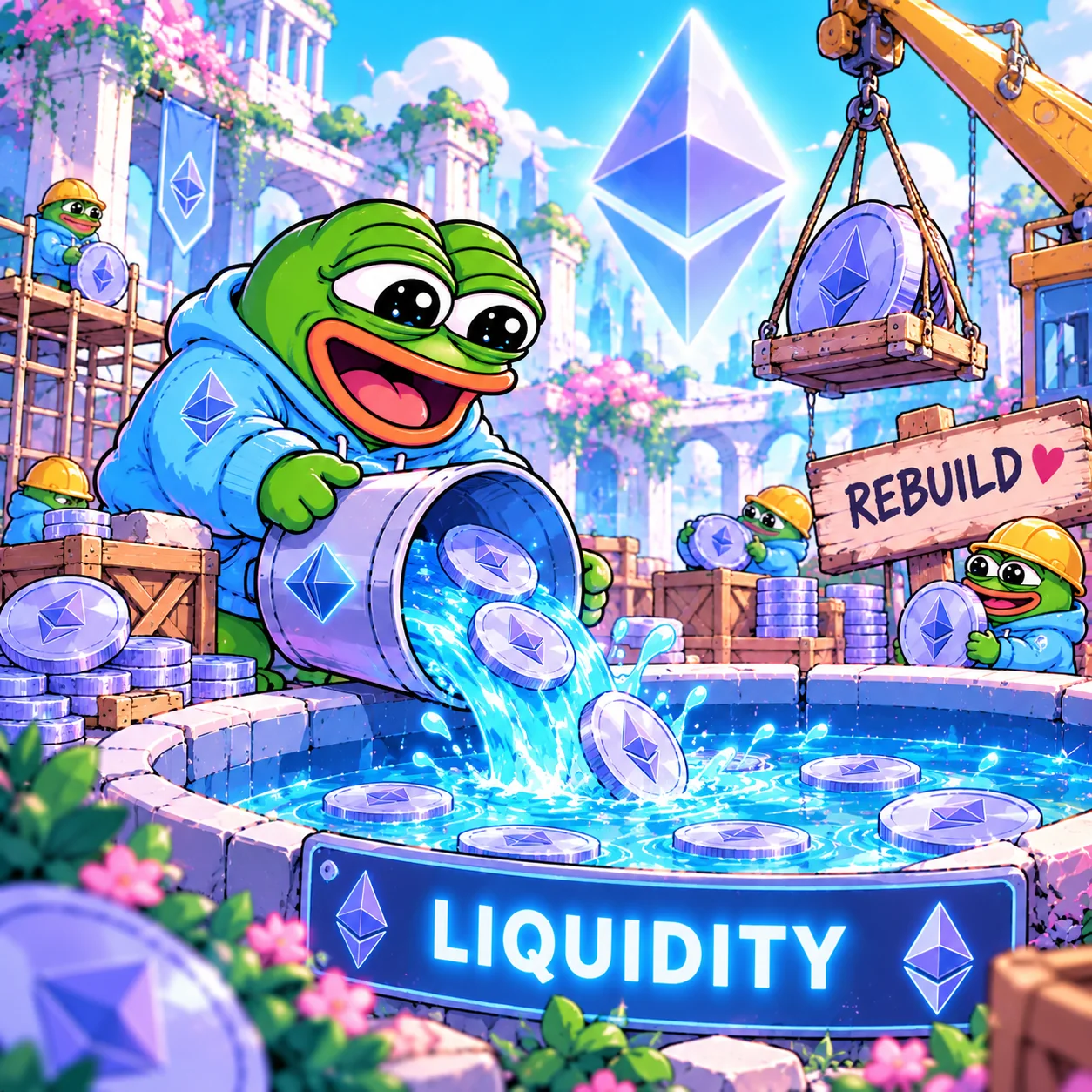 Pepe and frog helpers happily rebuilding an Ethereum liquidity pool