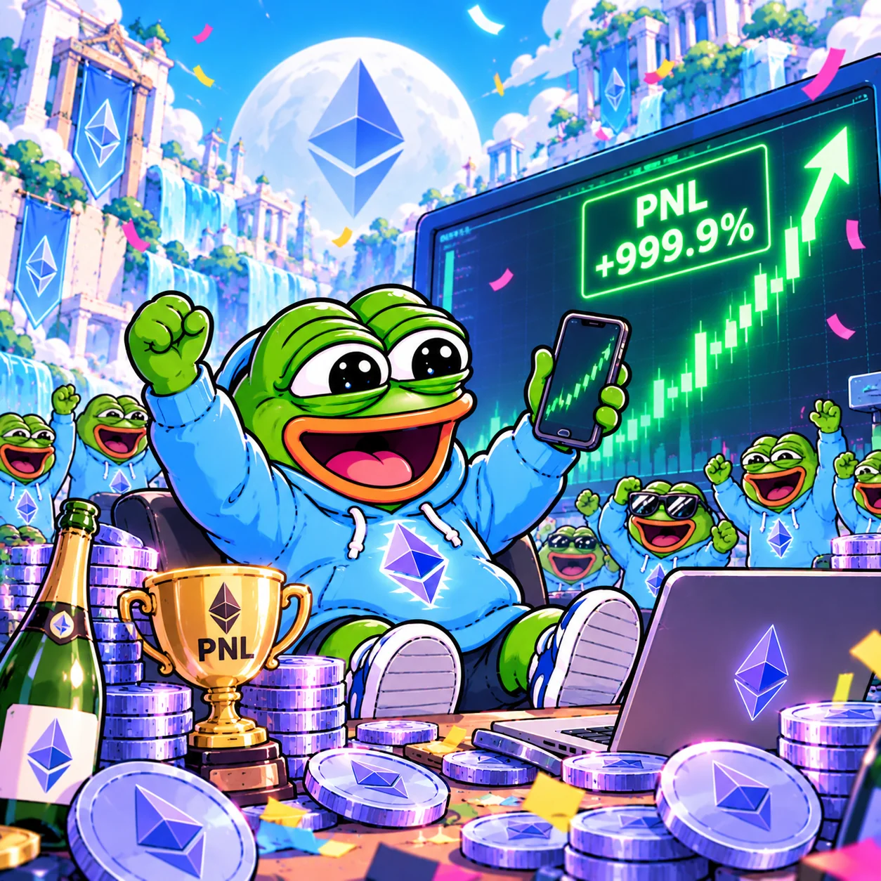 Illustrated Pepe celebrating in front of a fictional green crypto chart