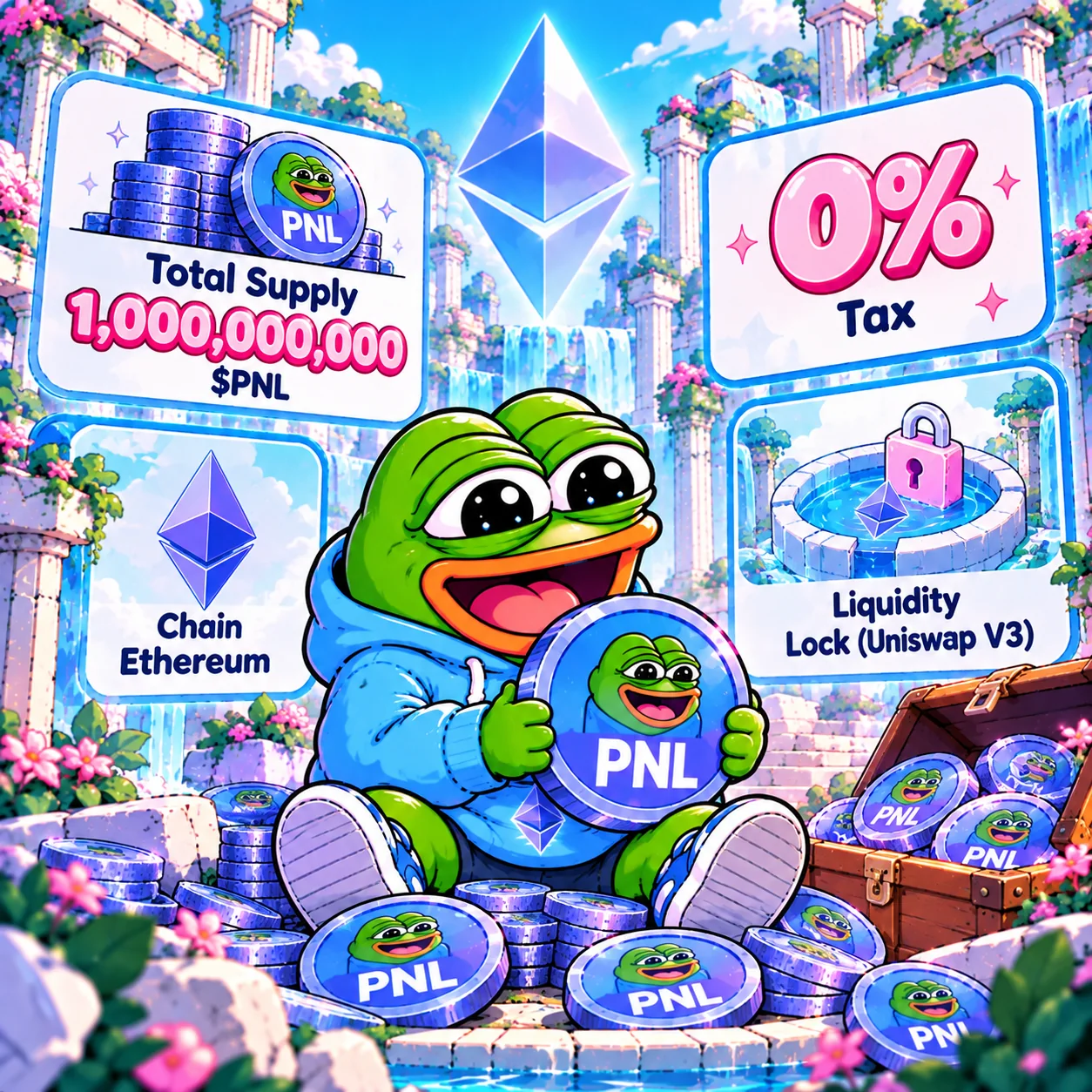 Pepe holding a PNL coin next to illustration of 1 billion supply, zero tax, Ethereum and planned liquidity lock concept