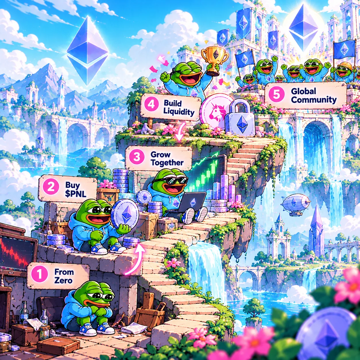 Five-stage cartoon roadmap with Pepe building his Ethereum liquidity community