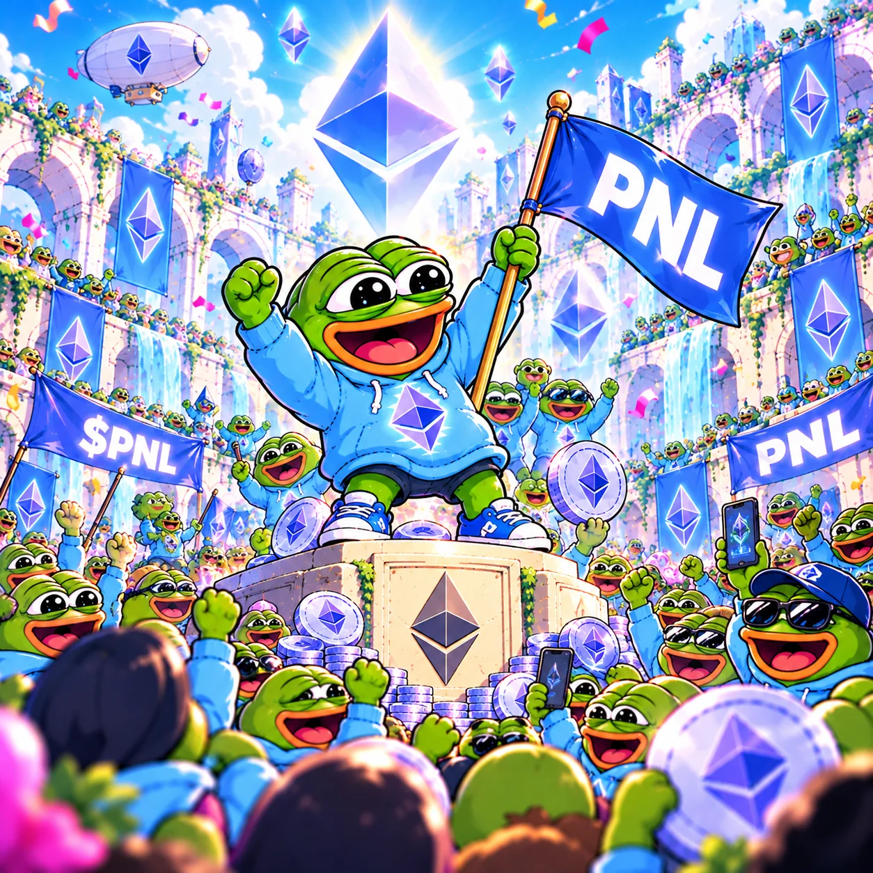 Pepe waving a PNL flag among a huge cheerful Ethereum frog crowd